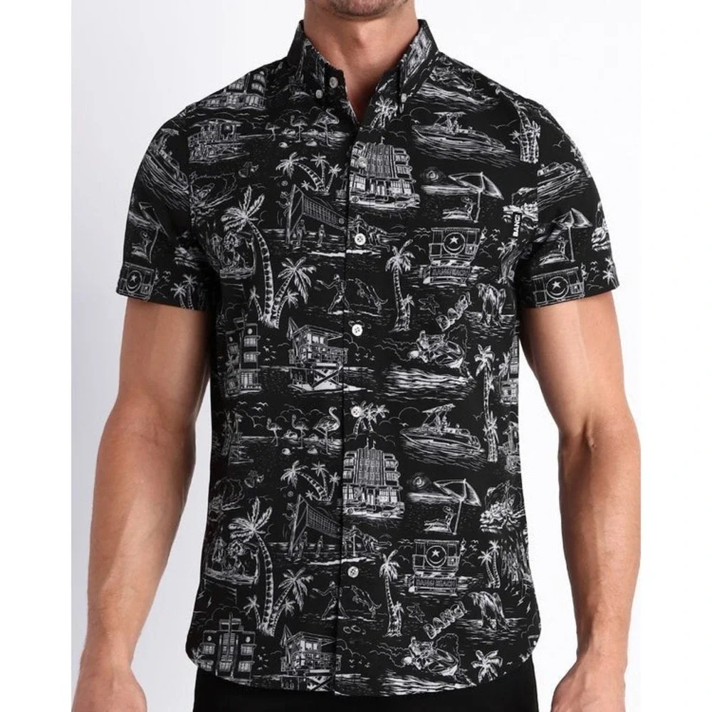 Bang! Miami Men‎ XL Stretch Shirt Toile Pattern Black Street Wear Beach Clubbing